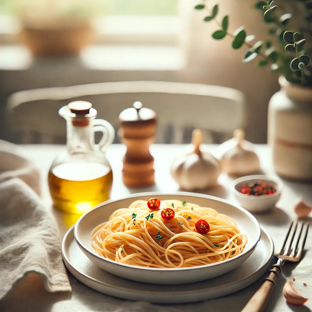 Piatto di pasta fresca con pomodorini, basilico e parmigiano grattugiato, servito su un tavolo rustico