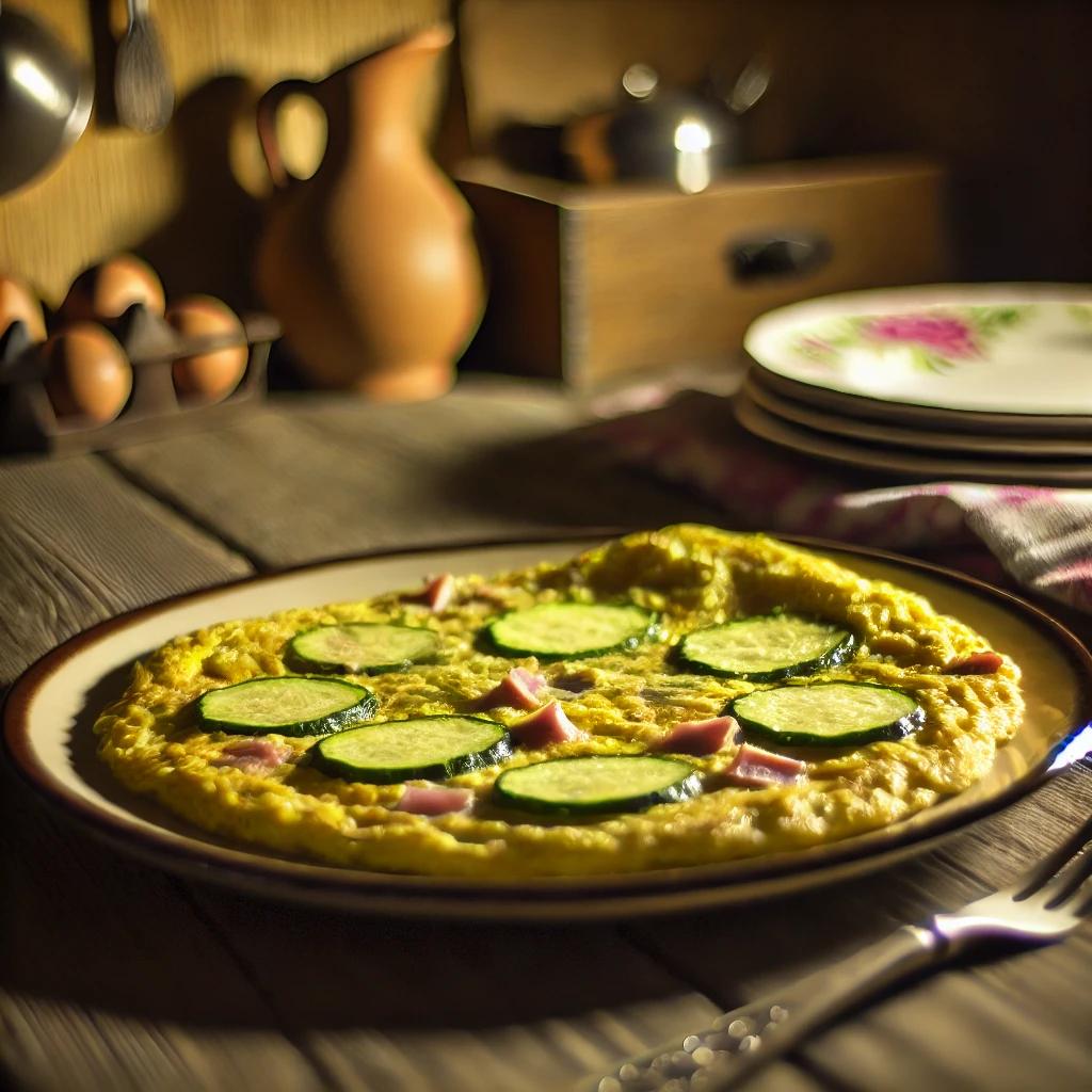 Immagine di una frittata di zucchine e prosciutto cotto fatta in casa, servita in una cucina tradizionale e accogliente